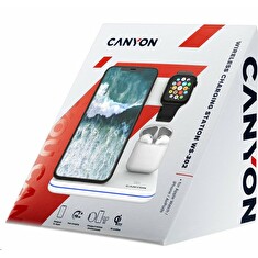 CANYON bezdrátová nabíječka WS-302, 3v1, vstup 9V/2A, 12V/2A, výstup 15W/10W/7.5W/5W, Type C to USB-A, bílá