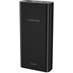 CANYON powerbanka 20000mAh Li-poly, Input 5V/2A microUSB + USB C, Output 5V/2.1A USB-A, černá