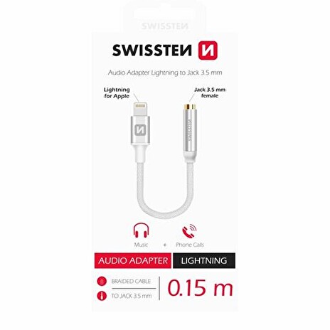 SWISSTEN AUDIO ADAPTÉR TEXTILE LIGHTNING /JACK(samice) 0,15AUDIO ADAPTÉR TEXTILE LIGHTNING /JACK(samice) 0,15 M STŘÍBRNÝ