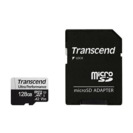 Transcend 128GB microSDXC 340S UHS-I U3 V30 A2 3D TLC (Class 10) paměťová karta (s adaptérem), 160MB/s R, 125MB/s W