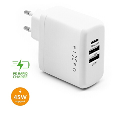 Síťová nabíječka FIXED s USB-C a 2xUSB výstupem, podpora PD, 45W, bílá