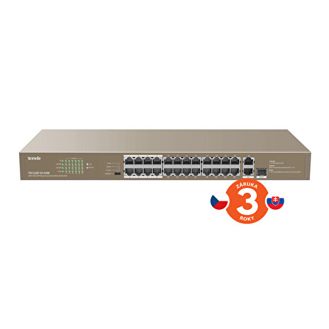 Tenda TEF1126P-24-410W - PoE AT Switch 370Watt, 24xRJ45 10/100 Mbps PoE, 2x Gigabit Uplink RJ45/SFP, Fanless, Kov