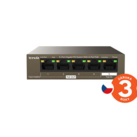 Tenda TEG1105PD 5port PD Gigabit Switch,1x PoE In, 4x PoE Out 802.3af 10/100/1000Mbps