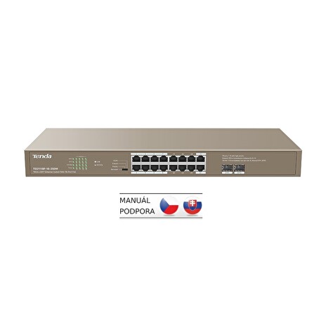 Tenda TEG1118P-16-250W PoE AT Gigabit switch 16x 1Gb/s PoE 802.3af/at + 2x SFP 1Gb/s, PoE 230W, Rack