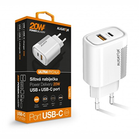 Aligator POWER DELIVERY 20W, USB + USB-C, bílá