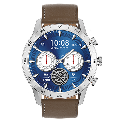 ARMODD Silentwatch 4 Pro stříbrná s hnědým koženým řemínkem + silikonový řemínek