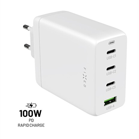 Síťová GaN nabíječka FIXED s 3xUSB-C a USB/100W