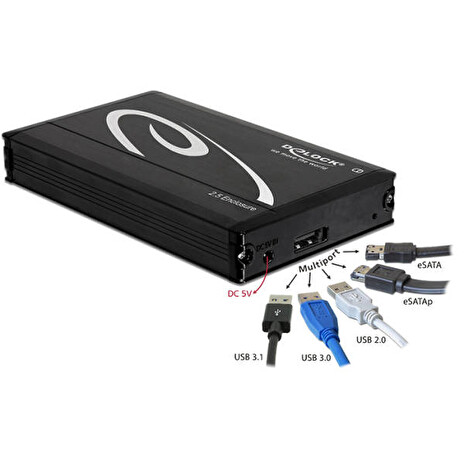 Delock 2.5” externí skříň pro SATA HDD s připojením na Multiport SuperSpeed USB 10 Gbps (USB 3.1 Gen 2) (až do 15 mm HDD