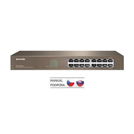 Tenda TEG1016D - 16x Gigabit Switch, Fanless-bez ventilátorů, Rackmount, ochrana proti přepětí