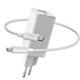 Baseus GaN rychlo nabíjecí EU adaptér USB-A + USB-C 45W + kabel USB-C do USB-C 60W 1m, bílá