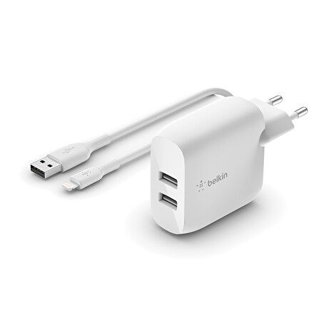 Belkin Duální USB-A domácí nabíječka 2x12W, lightning kabel, bílá