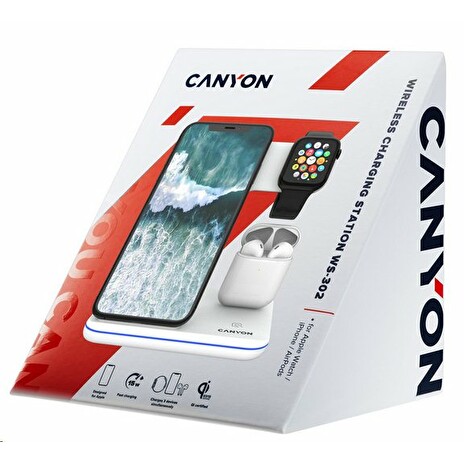 CANYON bezdrátová nabíječka WS-302, 3v1, vstup 9V/2A, 12V/2A, výstup 15W/10W/7.5W/5W, Type C to USB-A, bílá