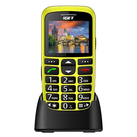 iGET SIMPLE D7 Yellow, seniorský, Bluetooth, FM rádio, kamera, svítilna, výdrž 15 dní,microSD,stojan
