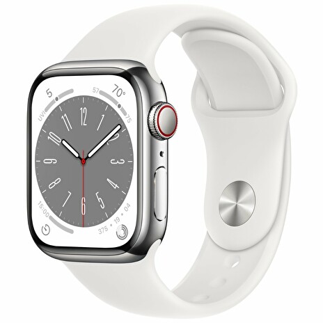APPLE Watch Series 8 GPS + Cellular 41mm Silver Stainless Steel Case with White Sport Band - Regular